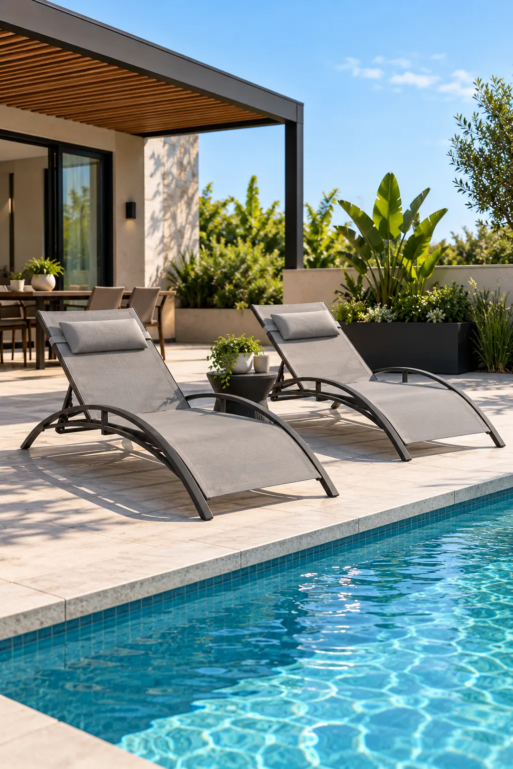 Camastros de textil gris junto a una alberca con terraza y pérgola de madera