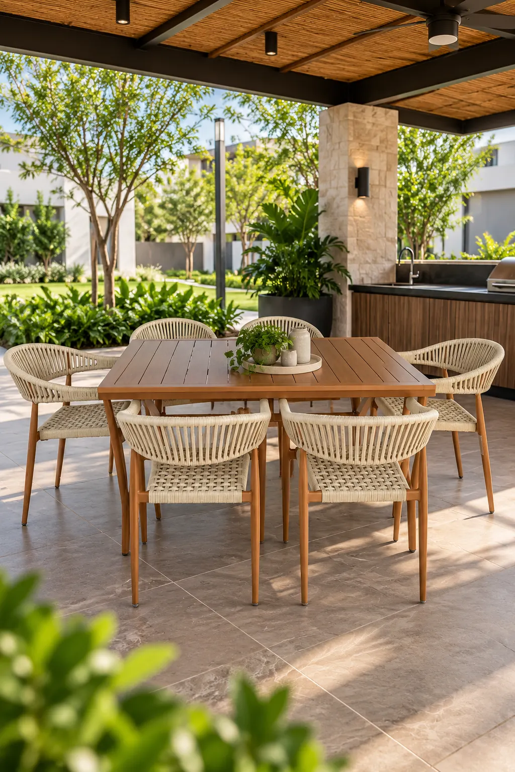 Comedor exterior con mesa y sillas de cuerda bajo una pérgola junto a una cocina de amenidades