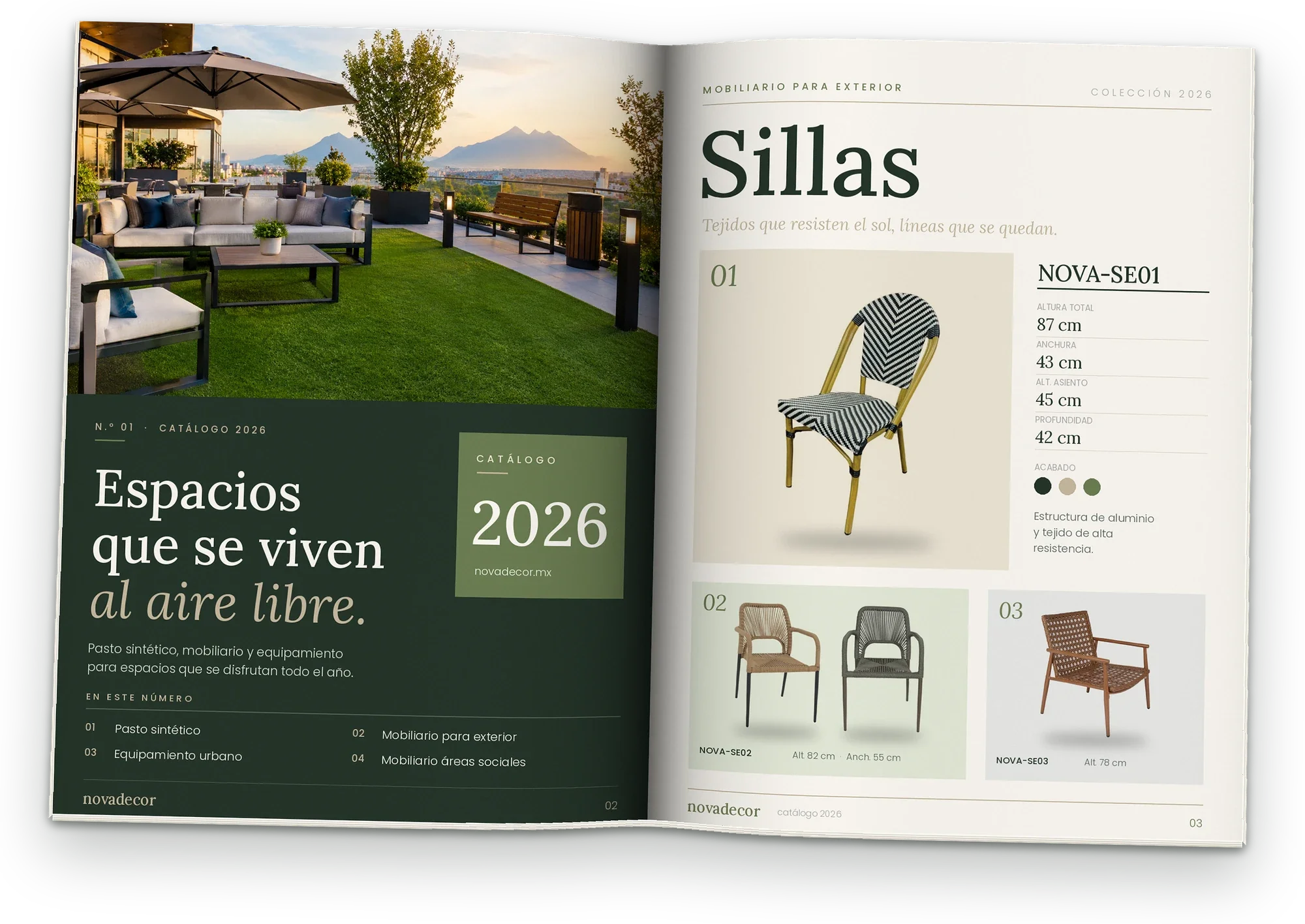 Catálogo Novadecor 2026 abierto en la sección de sillas para exterior