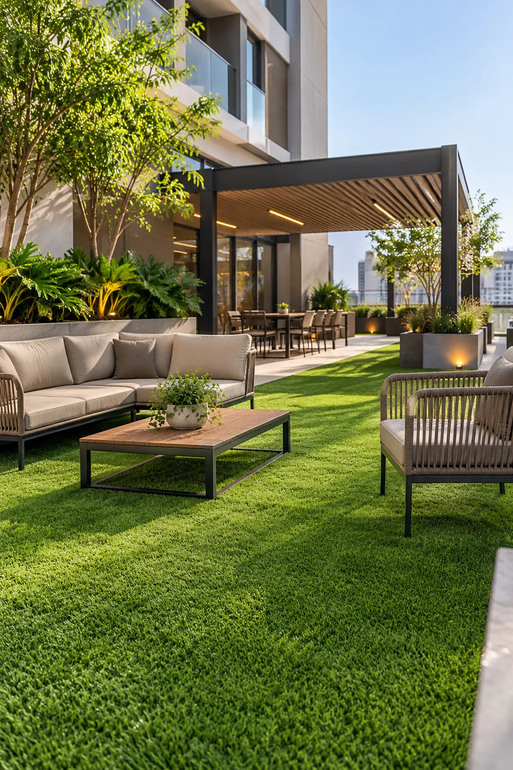 Terraza de edificio con sala de cuerda, mesa de centro y pasto sintético