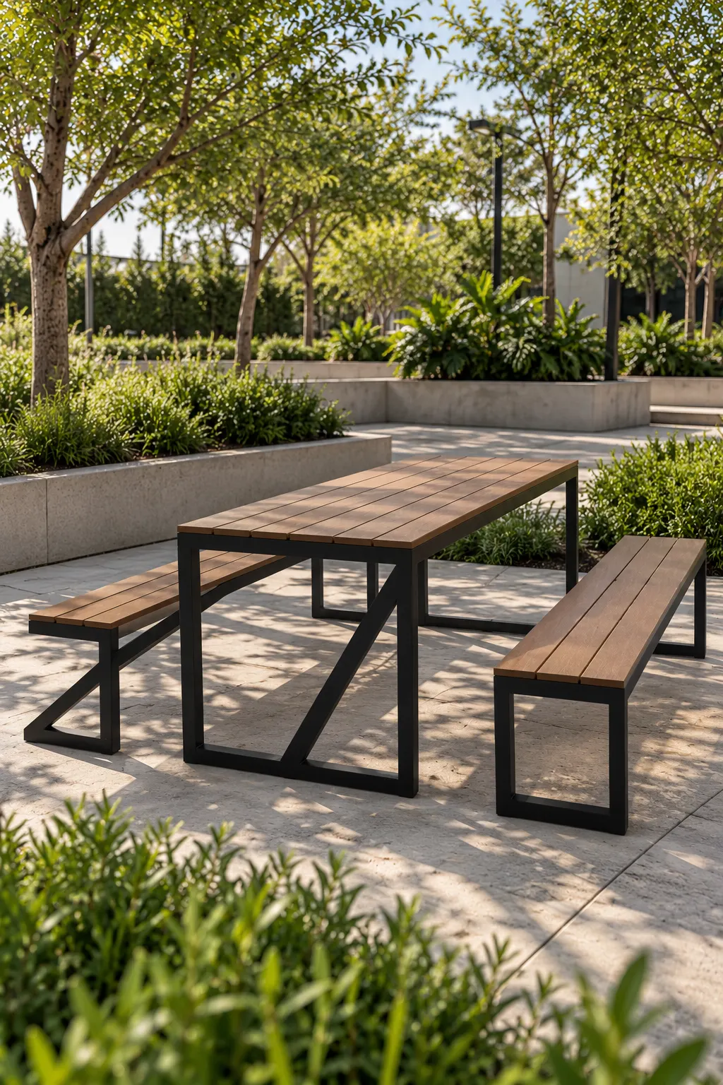 Mesa de picnic de madera con estructura negra en un parque con árboles y jardineras