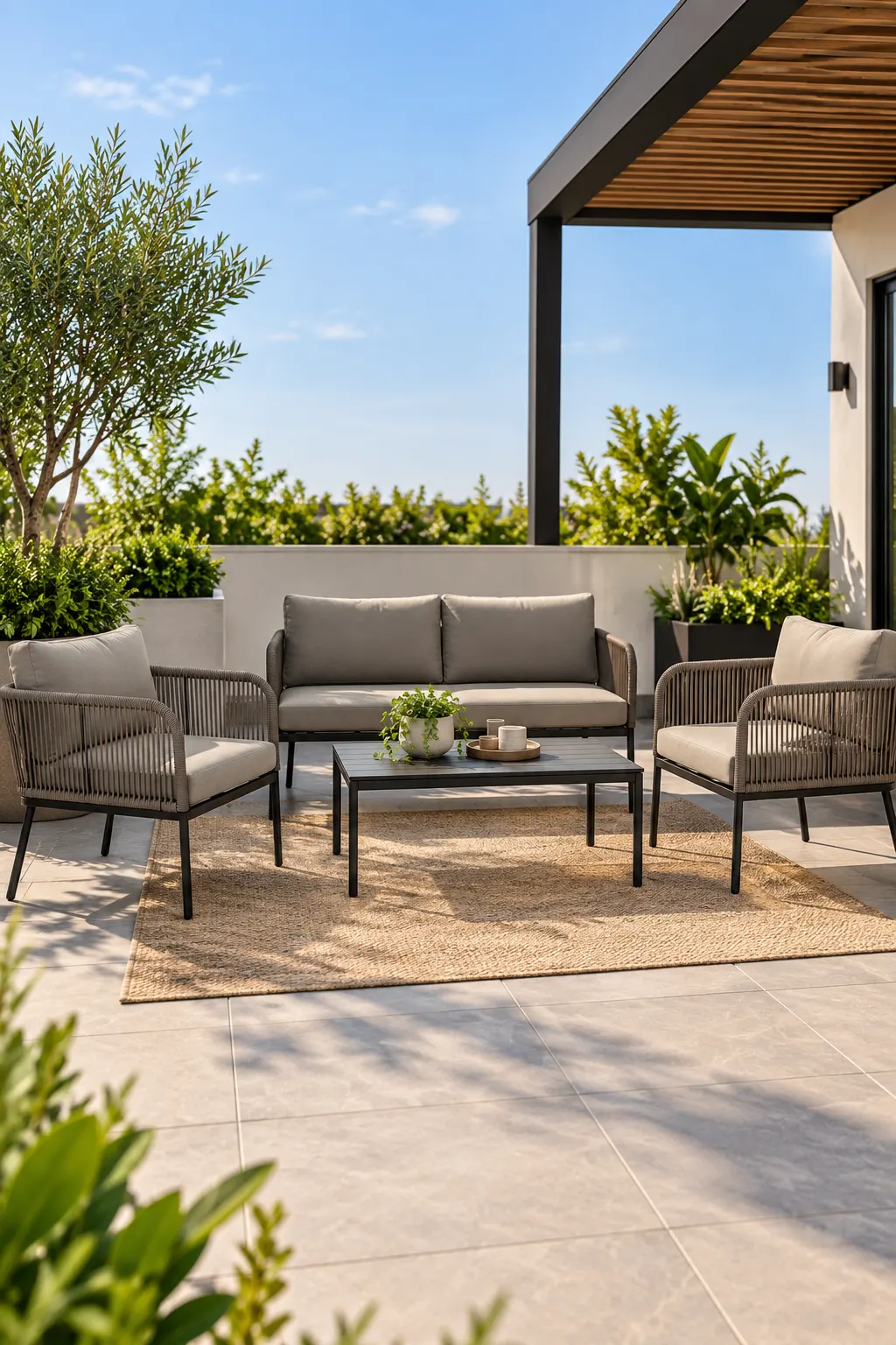 Sala exterior con sillones de cuerda y mesa de centro sobre alfombra en una terraza con pérgola
